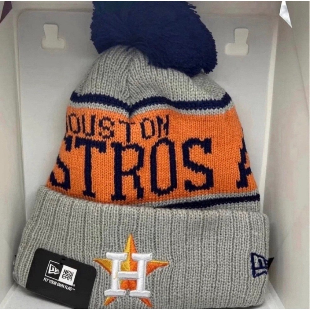 New Era‎ Houston Astros Knit Beanie Pom Hat Gray Orange NWT Cozy Lined